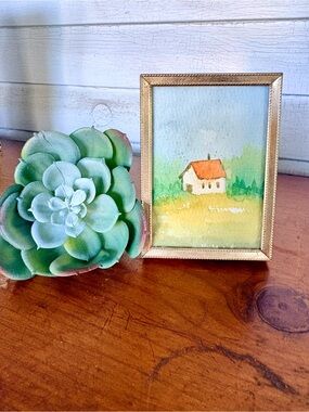 Miniature Watercolor House in Vintage Gold Frame - Green & Orange Accents